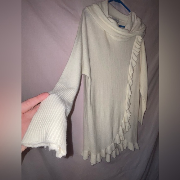 Cream Cowl Neck Sweater with Asymmetrical Ruffle - Picture 4 of 13